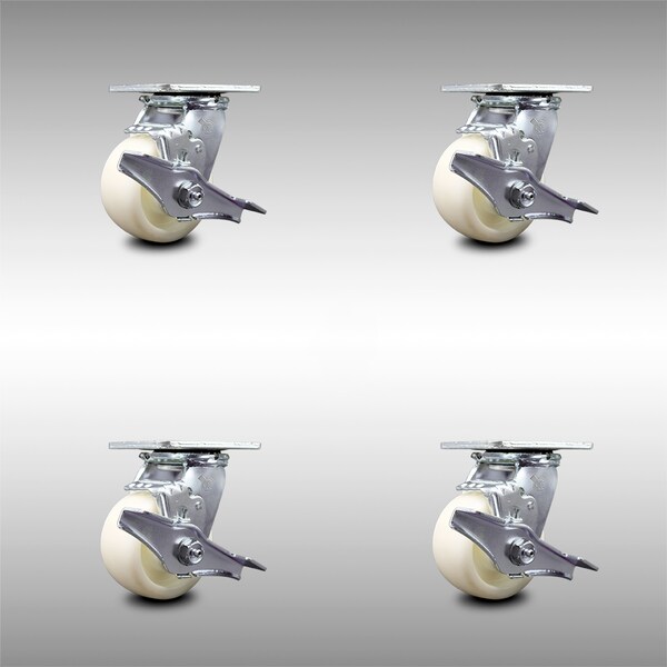 4 Inch Stainless Steel Nylon Swivel Caster Set with Ball Bearings and Brakes SCC